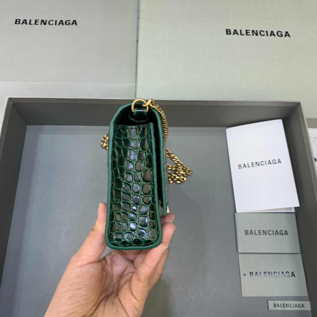 Balenciaga Small Hourglass Wallet With Chain Crocodile Embossed Shoulder Bag Dark Green